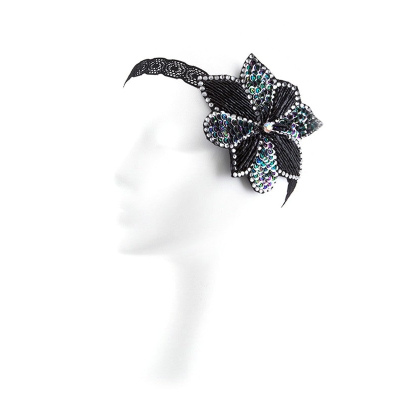 Statement Beaded Flower Stretch Headband Black O/S