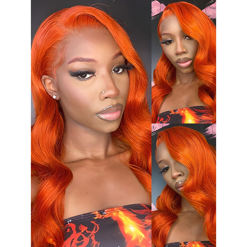 CurlyMe Bright Orange Body Wave Hair 13×4 Lace Front Wigs Colored Hair 13×4 180% 16