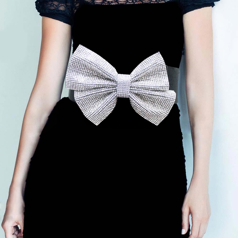 Rhinestone Pave Bow Elastic Stretch Belt Black, Clear