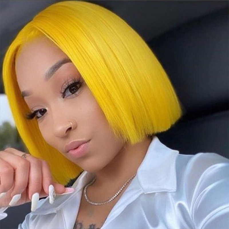 Yellow Straight Human Hair Bob Wigs 13×4 Brazilian Remy Colored Short Bob Wigs Glueless Human Hair Wigs 8 13×4 Lace 220%