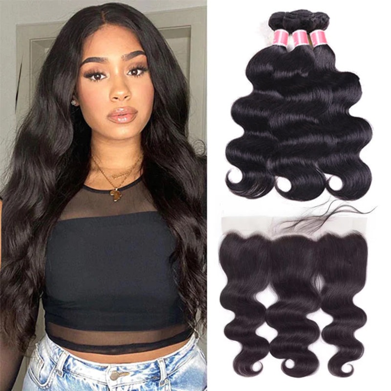 Malaysian Body Wave Virgin Hair Weave 3 Bundles With 13×4 Lace Frontal Ear To Ear 12 12 12+10