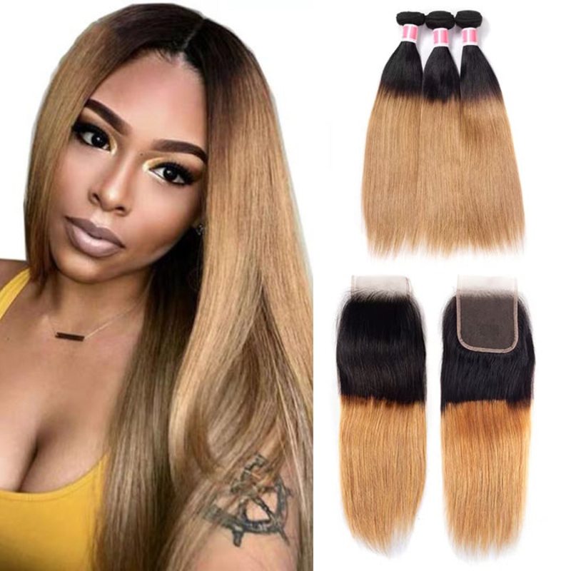 Ombre T1b/27 Straight Hair 3 Bundles with Closure Free Part Virgin Human Hair Free Part 12 12 12+10 Brazilian Hair