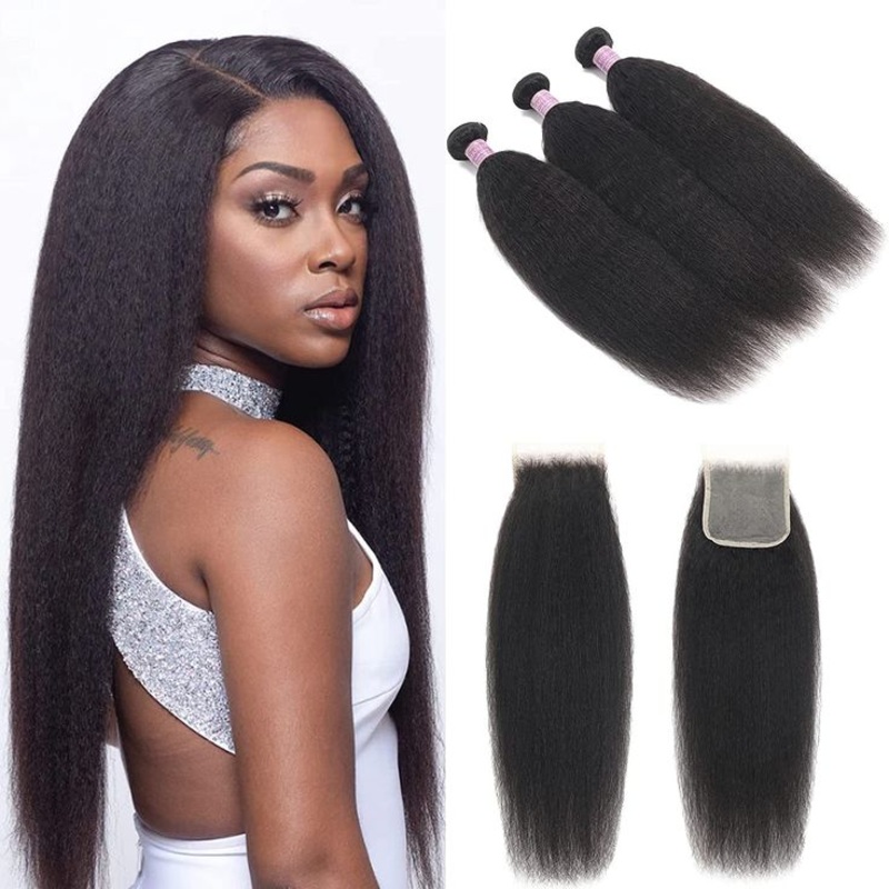 QVR 15A Grade Best Virgin Human Hair Kinky Straight 3 Bundles Hair With 4×4 Lace Closure Unprocessed Virgin Hair Weave 14 14 14 &14