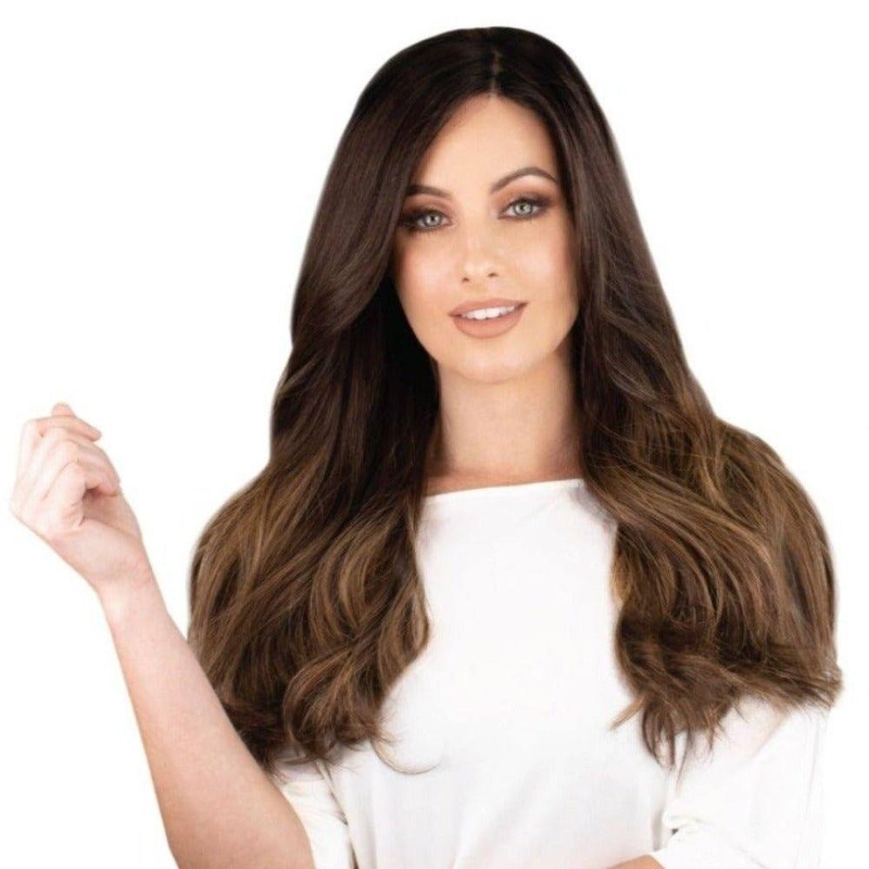 24″ Gisele Silk Top Wig Dark Brown Balayage w/ Rooting Zig Zag Lace Front