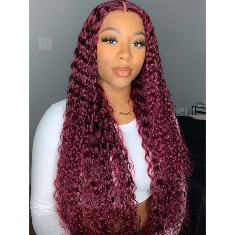 CurlyMe Pre-Plucked Wear Go Glueless 99J Burgundy Water Wave Hair Pre-cut Lace 180% 10(bob)