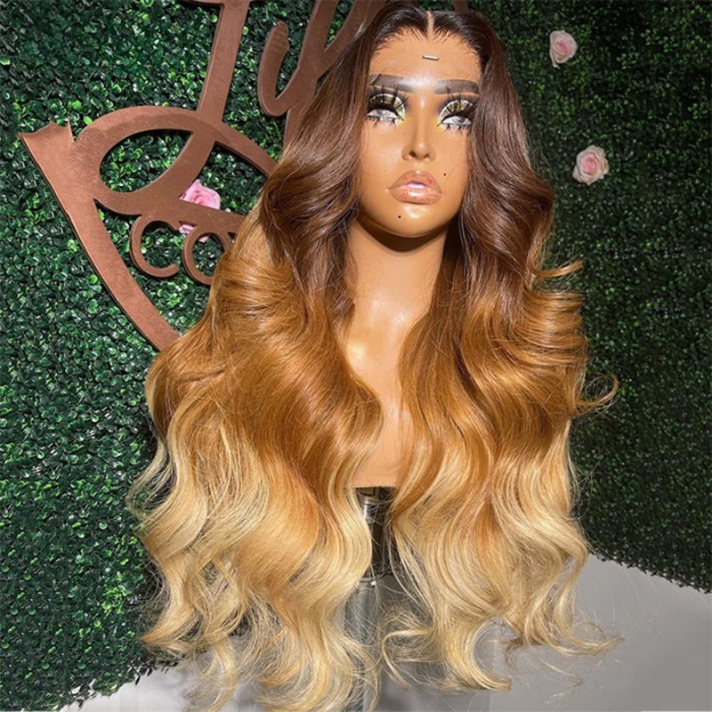 Ombre 4 Tones Loose Body Wave Wigs Glueless Frontal 13×4 HD Lace Wigs Pre-plucked Hairline Human Hair Wig for Women 18 8×5 Pre Cut Lace 150%