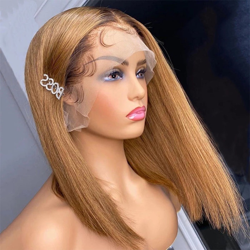 Ombre Blonde T4/27 Straight 13×4 Lace Front Wig Short bob Lace Front Human Hair Wigs 10 13×4 Lace 220%