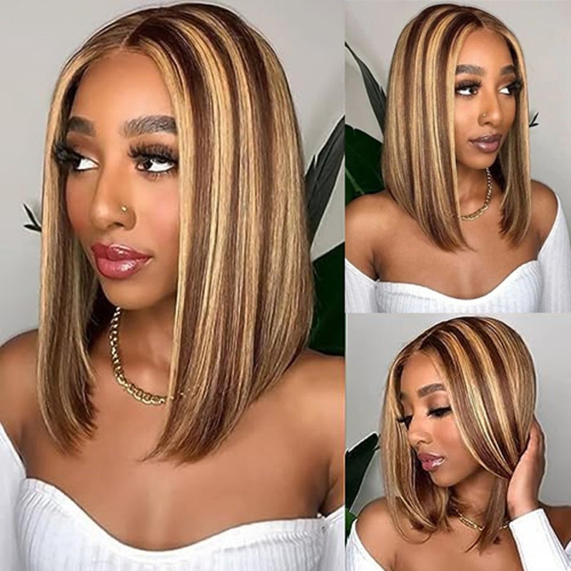 P4/27 Highlight Short Bob Wigs 13×4/13×6 Lace Front Human Hair Wigs with Baby Hair Pre Plucked with Natural Hairline 10 13×4 HD Lace 220%