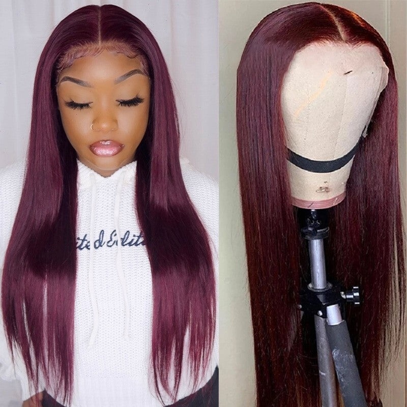 QueenVirginRemy  Colored Wigs 99J Straight 13×4 HD Lace Front Wigs Red Wine Color Virgin Human Hair Wigs 200% Density Glueless Wigs 16″
