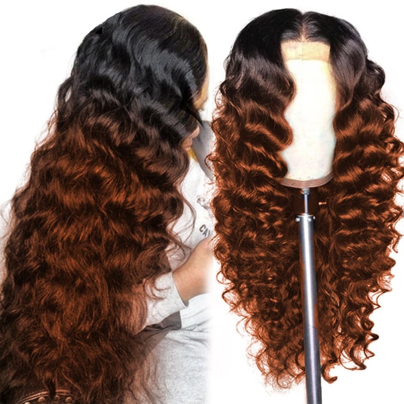 QVR 1B/33 Glueless Affordable Loose Deep Wave 4×4/5×5 Lace Closure Ombre Reddish Brown Colored Wigs 13×4 Lace 14 150%