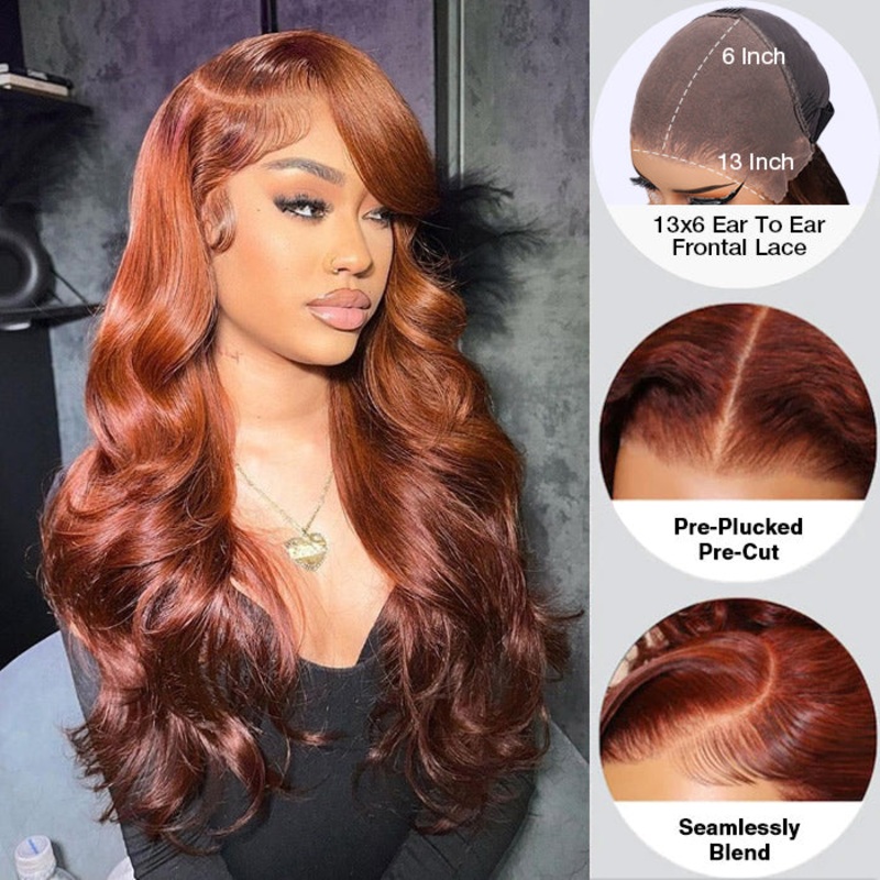 Reddish Brown Body Wave 134 Pre Cut HD Lace Front Human Hair Wigs 150% 180% 220% Density 12 Pre Cut 13×4 Lace 150%