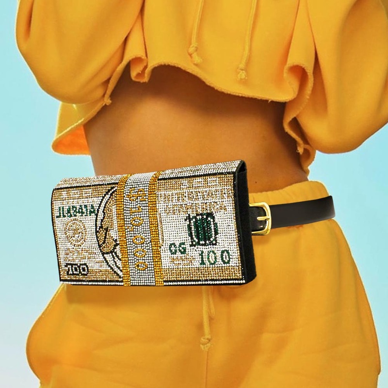 10K USD Money Rhinestone Fanny Pack / Belt / Clutch Bag Lt Col Topaz