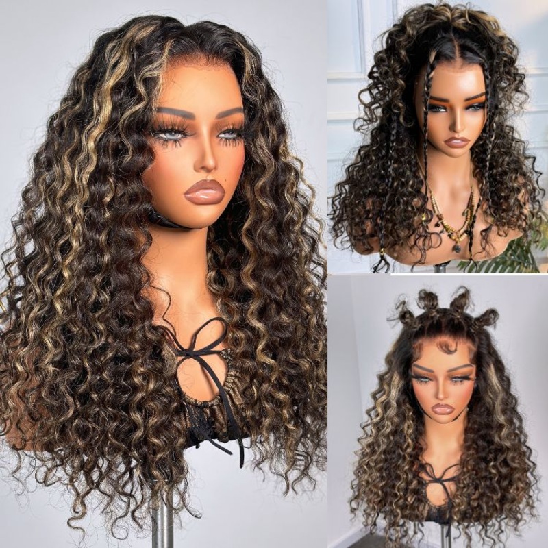 AiryFit Scalp Care Wigs – Blonde Highlight Water Wave Snugfit Glueless 5×5 Closure Lace Long Curly Wig Pre-Cut Lace 14