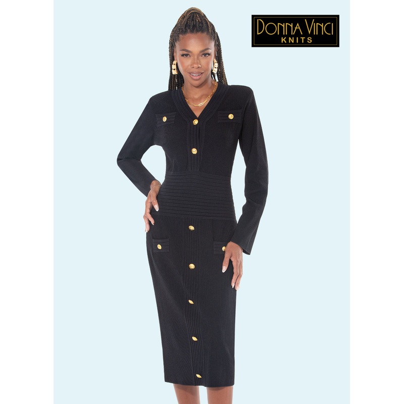 Donna Vinci Knits, Gold Button Trim Knit Dress BLACK 8