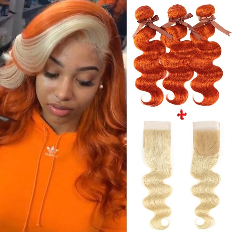 QVR Body Wave Human Hair Bundles 3 Ginger Orange Human Hair Bundles with Blonde Lace Closure Skunk Stripe 10″10″10″+8″