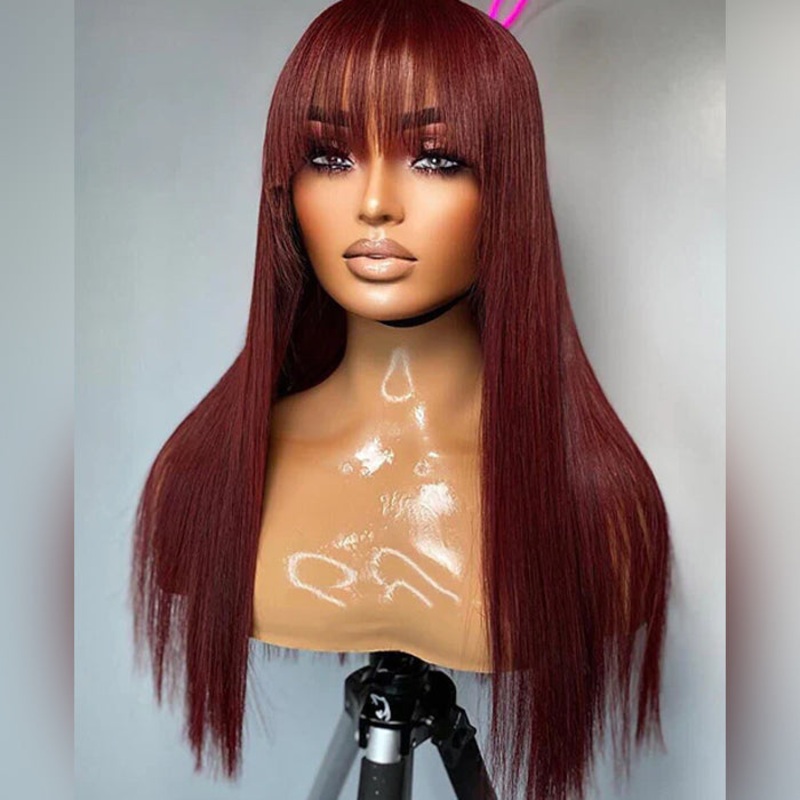 QVR Straight 13×4/4×4 Lace Front Wig With #33 Reddish Brown Bangs Wigs Human Hair Wig Easy to Go Machine Made Wig 150% 14”