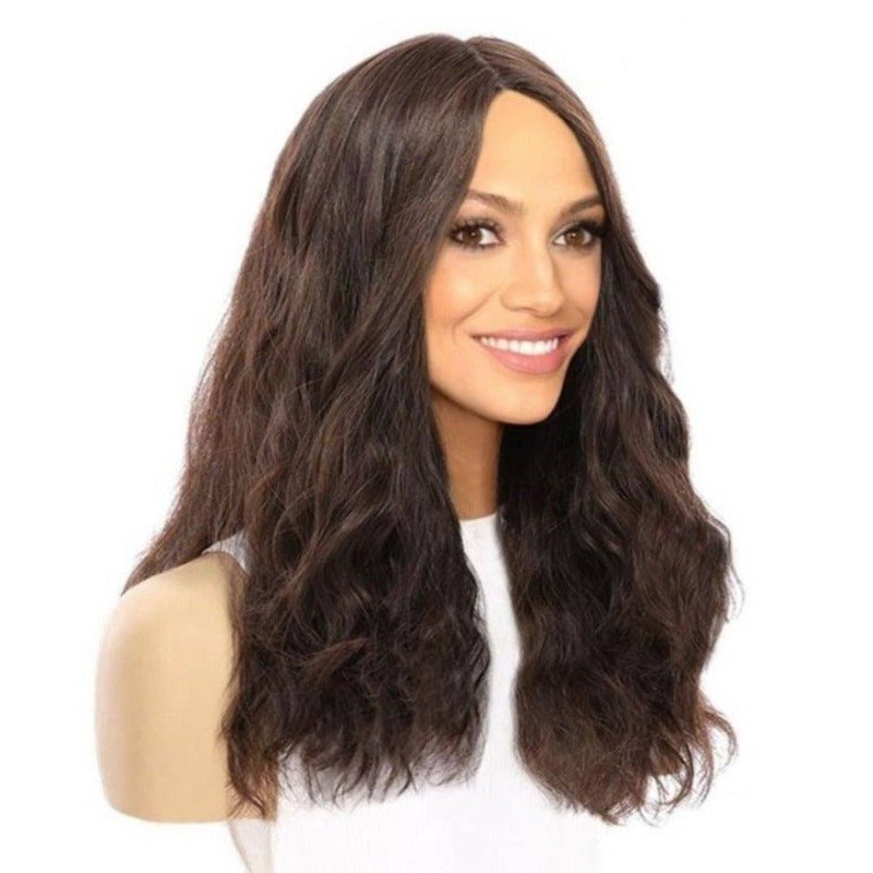 22″ Ponytail Silk Part Wig Dark Brown Wavy Zig Zag Lace Front