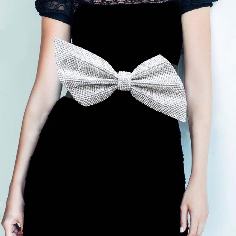 Crystal Rhinestone Pave Bow Elastic Stretch Belt Black, Clear