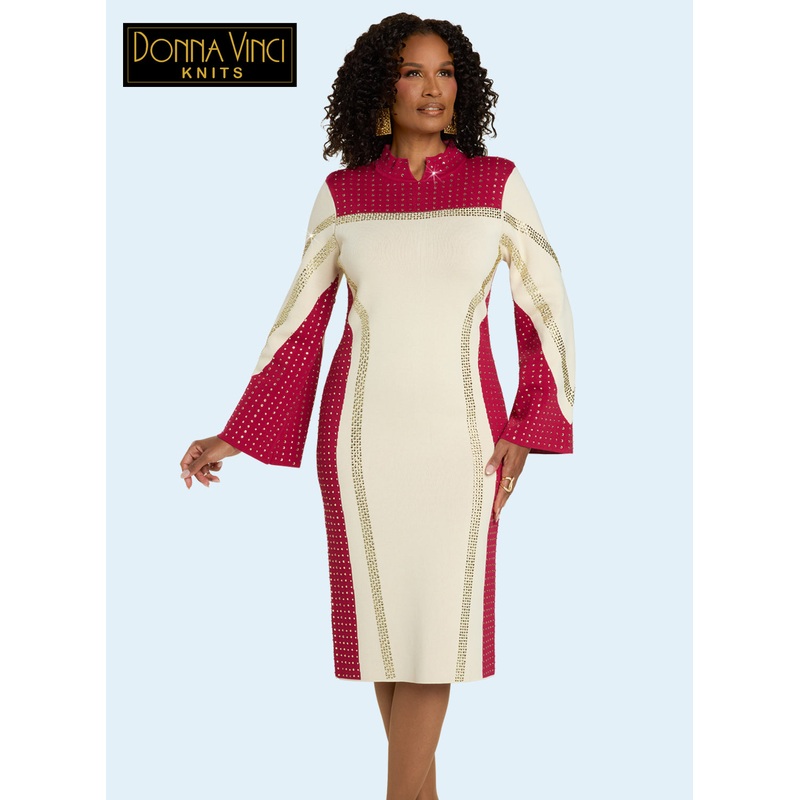 Donna Vinci Knits, Rhinestone Trim Color Block Dress TAN/RASPBERRY 8