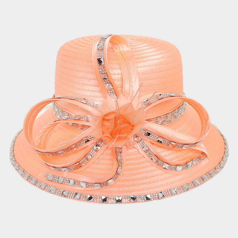 Rhinestone Rim Embellished Flower Bow Pointed Dressy Hat Peach