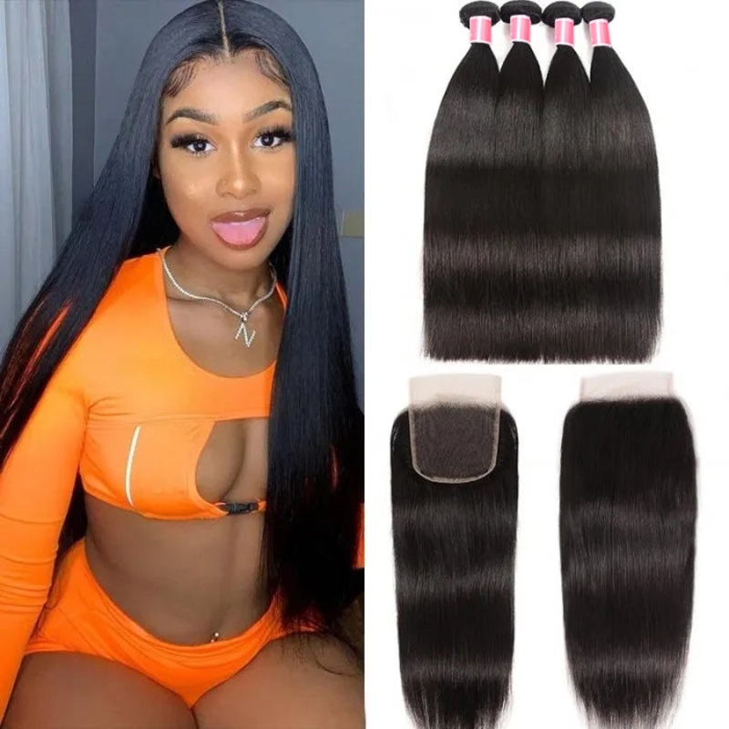 Brazilian Straight Hair 4 Bundles with 4*4 Lace Closure Virgin Human Hair 10 10 12 12+8 Free Part