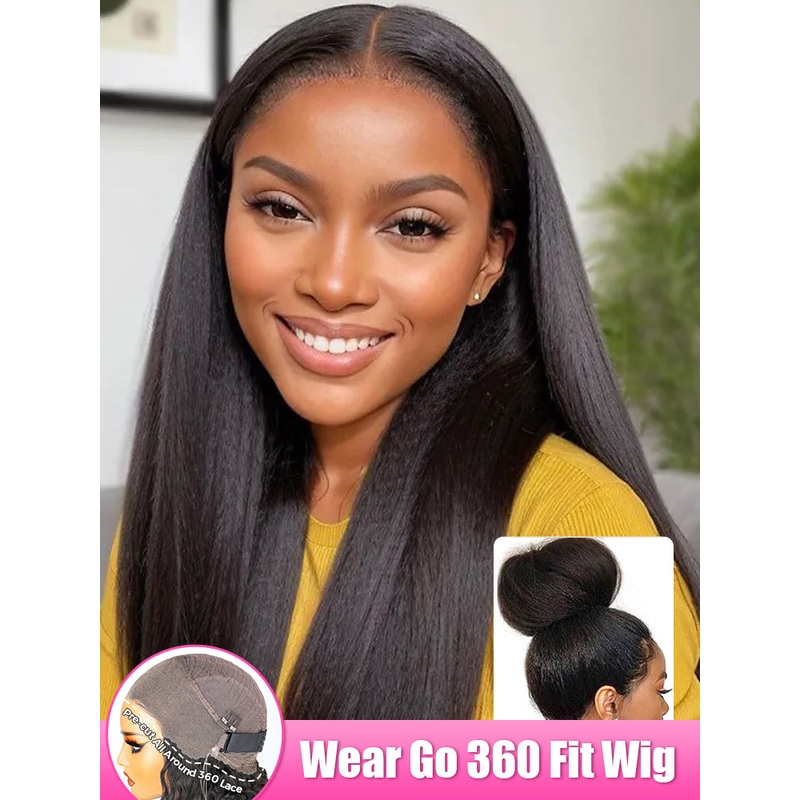 CurlyMe 360 Lace Wear Go Wig Pre-Bleached Yaki Straight Human Hair Pre-Plucked Lace Front Wig 10