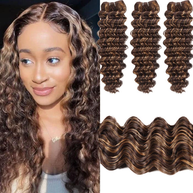 Highlight Bundles Deep Wave Weave 3 Bundles Human Hair Bundlle Piano Brown Blonde Bundles with Highlights 10″10″10″