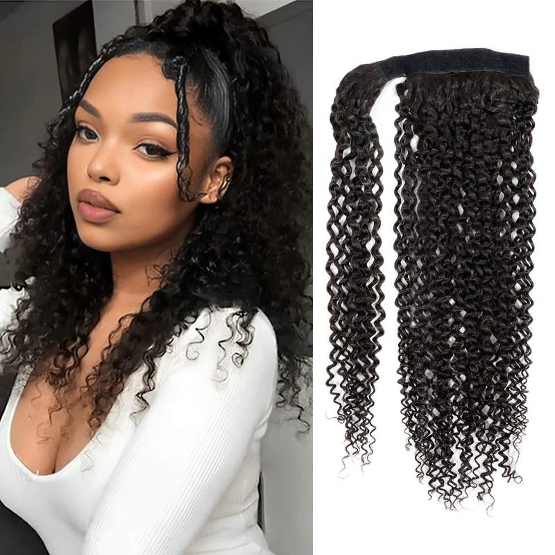 QVR Kinky Curly Ponytail Extension Human Hair Wrap Around Natural Black Clip In Ponytail Hair Kinky Curly 14” (68-74g)