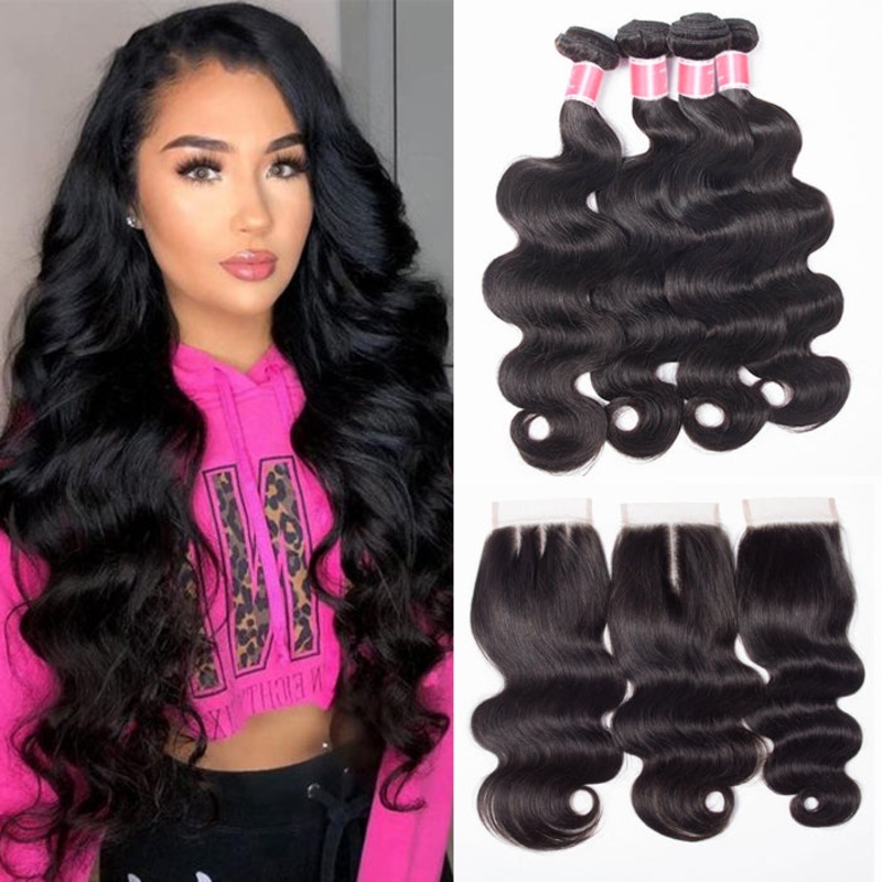 Malaysian Body Wave 4 Bundles With 4×4 Lace Closure Human Hair Closure With Bundle Deals 10 10 12 12+8 Free Part