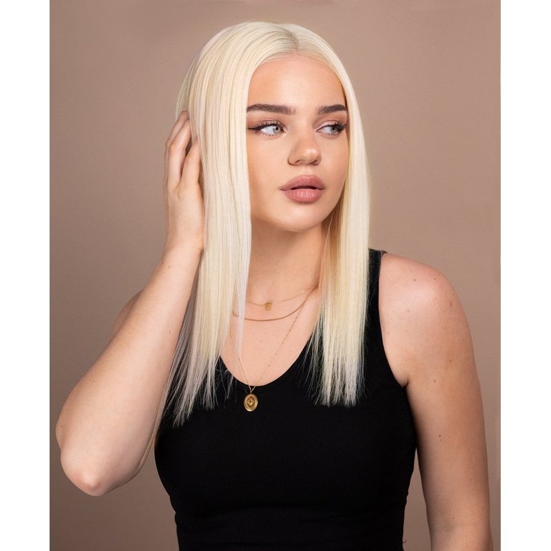 put on & go pre-cut lace human wig – 14″ light blonde.