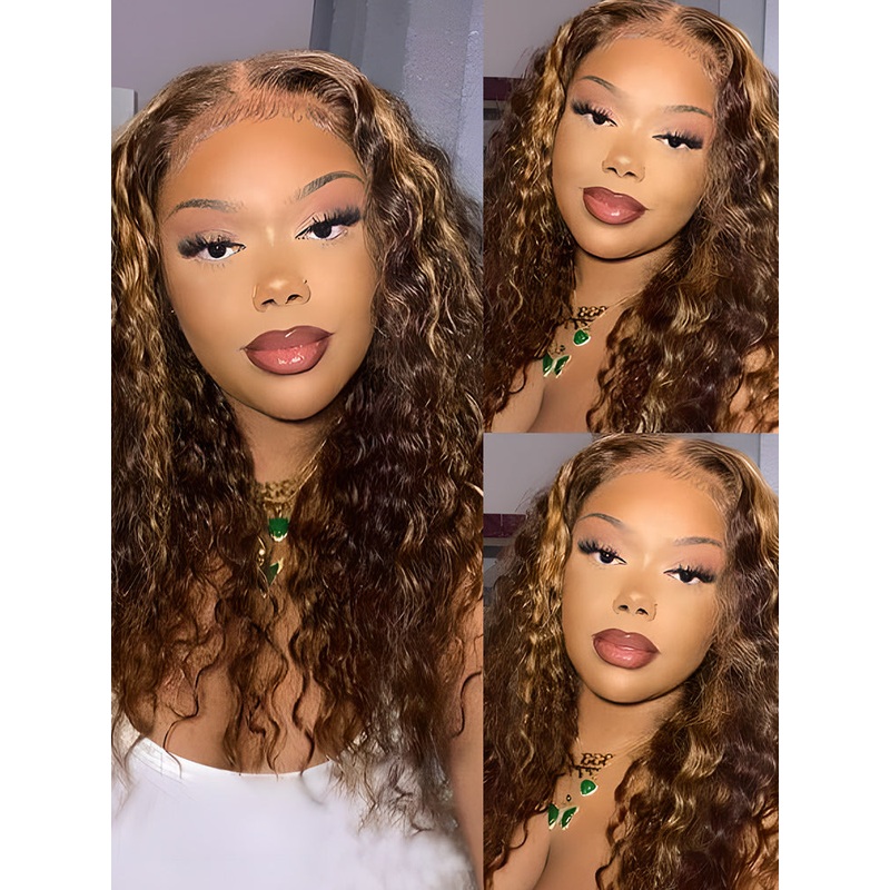CurlyMe Deep Wave Highlights Ombre Wigs Transparent Lace Wigs Pre Plucked 13×4 180% 10