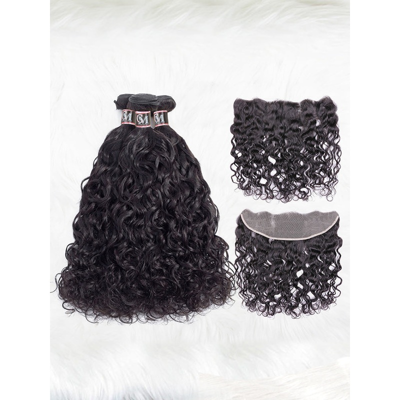 CurlyMe Natural Wave Virgin Human Hair 3 Bundles With 13×4 Frontal Natural Black 8 10 12 13×4 Frontal 8