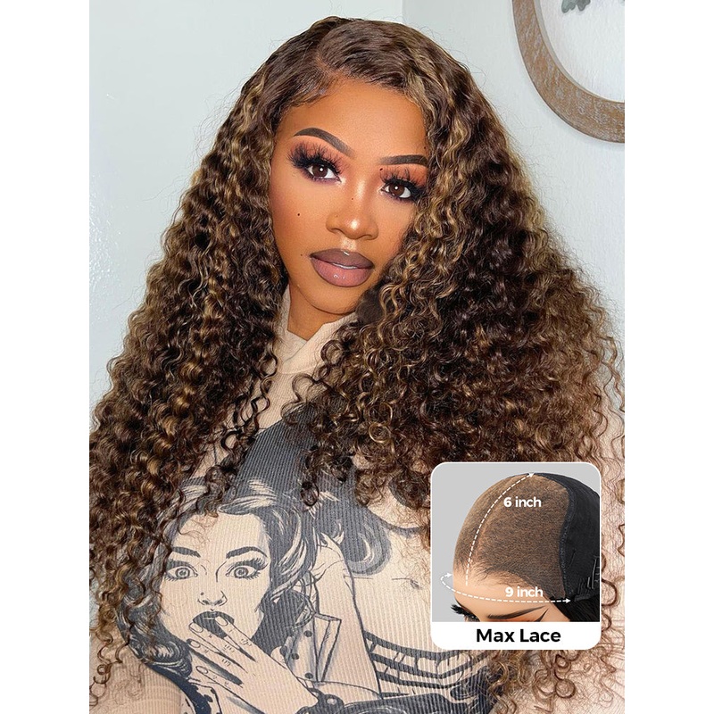 CurlyMe Pre-cut 9×6 Lace M-cap Wear Go Glueless Mini Knots Kinky Curly Hair Highlight Wig Pre-plucked Transparent Lace 8(bob)