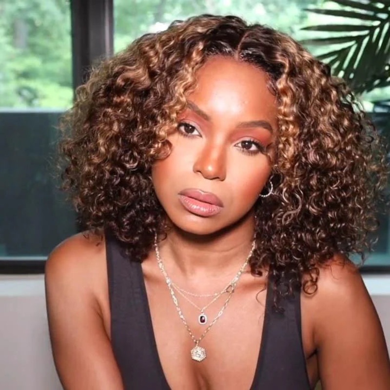 QVR Highlight Deep Curly Bob Human Hair Wigs Ombre Honey Brown 4×4 Lace Closure Wigs 10 180% 4×4 Lace
