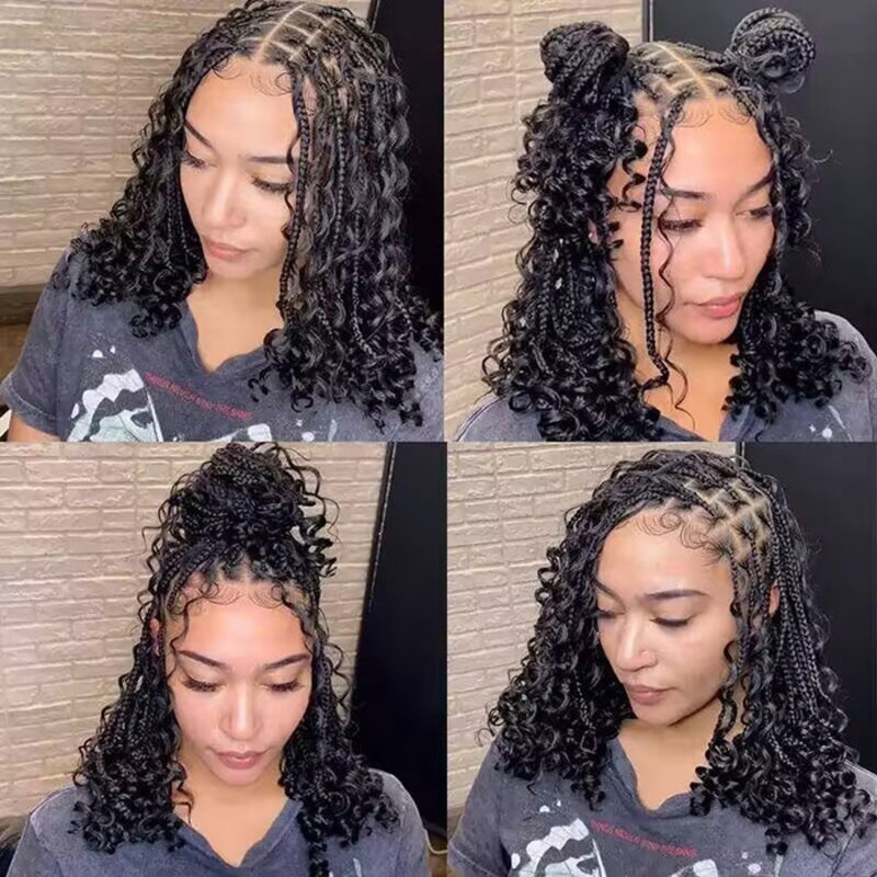 Short Boho Braids Wig Drawstring 13×6 HD Full Lace Frontal Human Hair Wigs for Black Women 14 Natural Black 220%