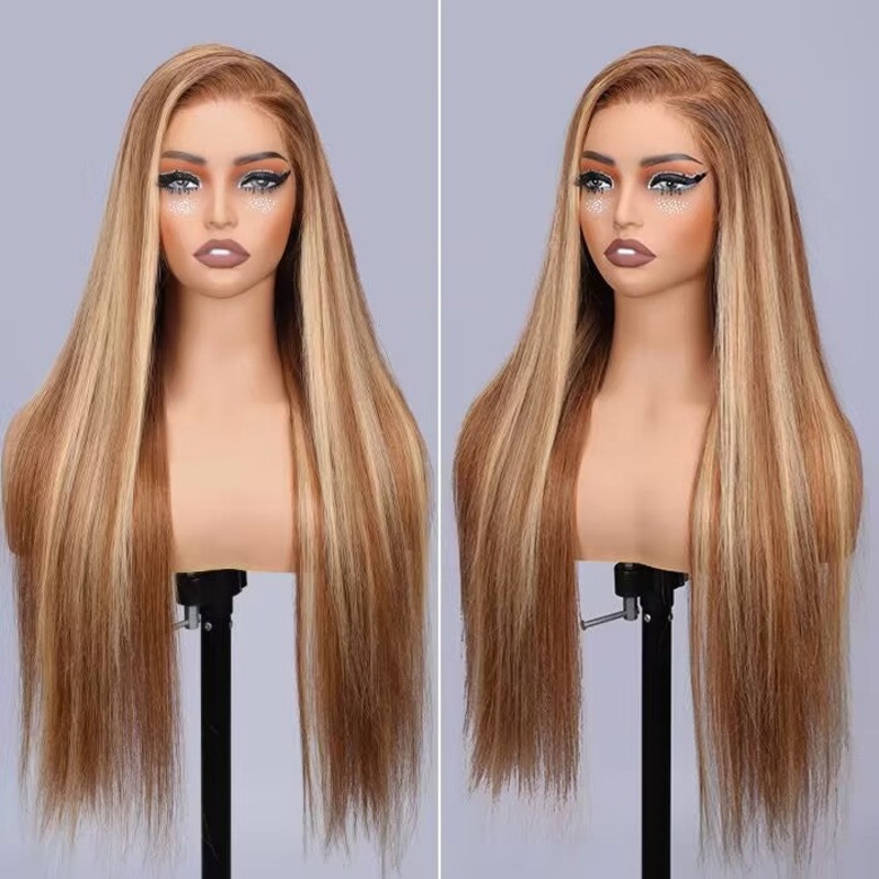 4/27 Highlight Brown Straight Wig 13×4 13×6 HD Lace Front Wigs Honey Blonde Human Hair Wigs 12 13×4 Lace 150%