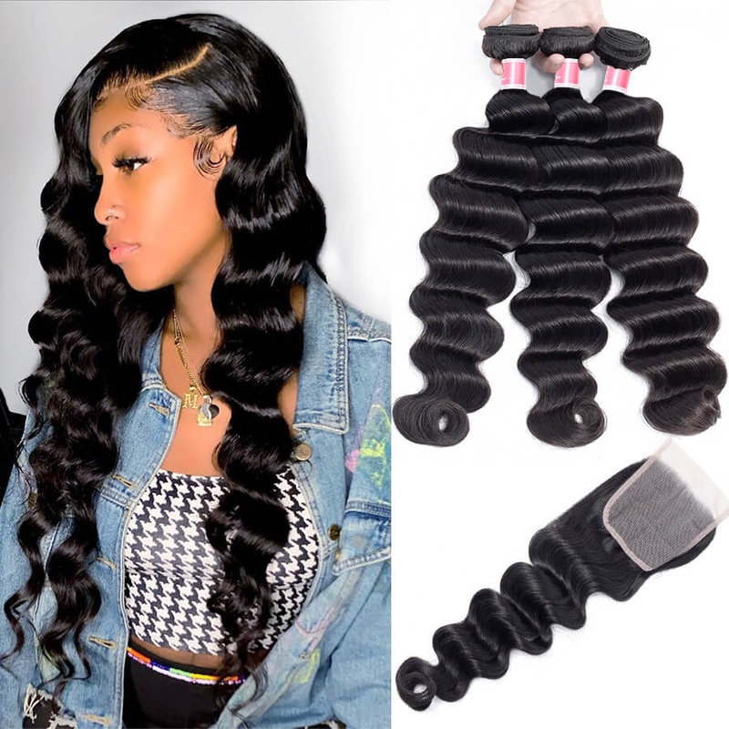 Brazilian Loose Deep Wave 3 Bundles with 4*4 Lace Closure Virgin Human Hair 12 12 12+10 Free Part