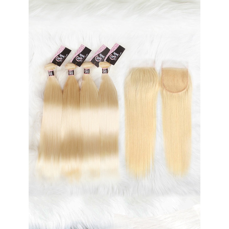CurlyMe 613 Blonde Straight Human Hair 4 Bundles with 4×4 Lace Closure 8 8 10 10 4×4 Closure 8