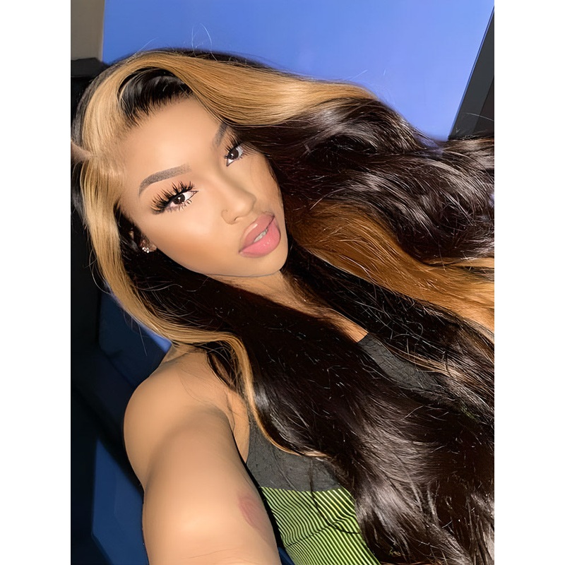 CurlyMe Skunk Stripe Hair Straight Honey Blonde Highlights 13×4 Lace Front Wigs Human Hair 180% 18