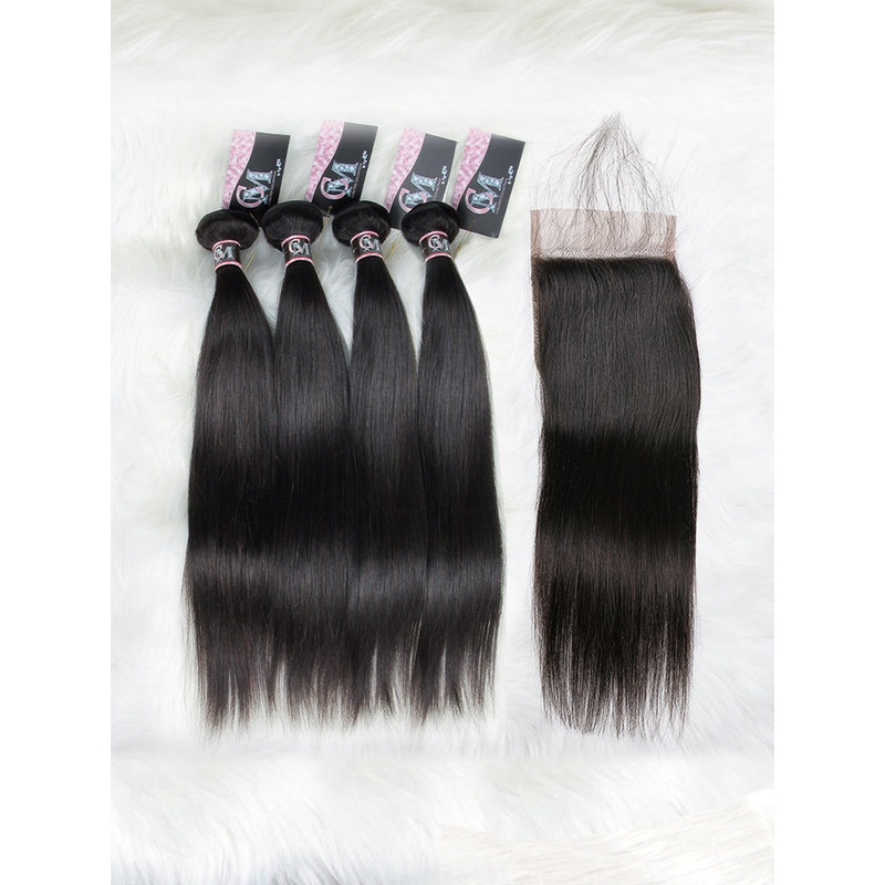 CurlyMe Straight Virgin Human Hair 4 Bundles with 4×4 Closure Natural Black 8 8 10 10 4×4 Closure 8