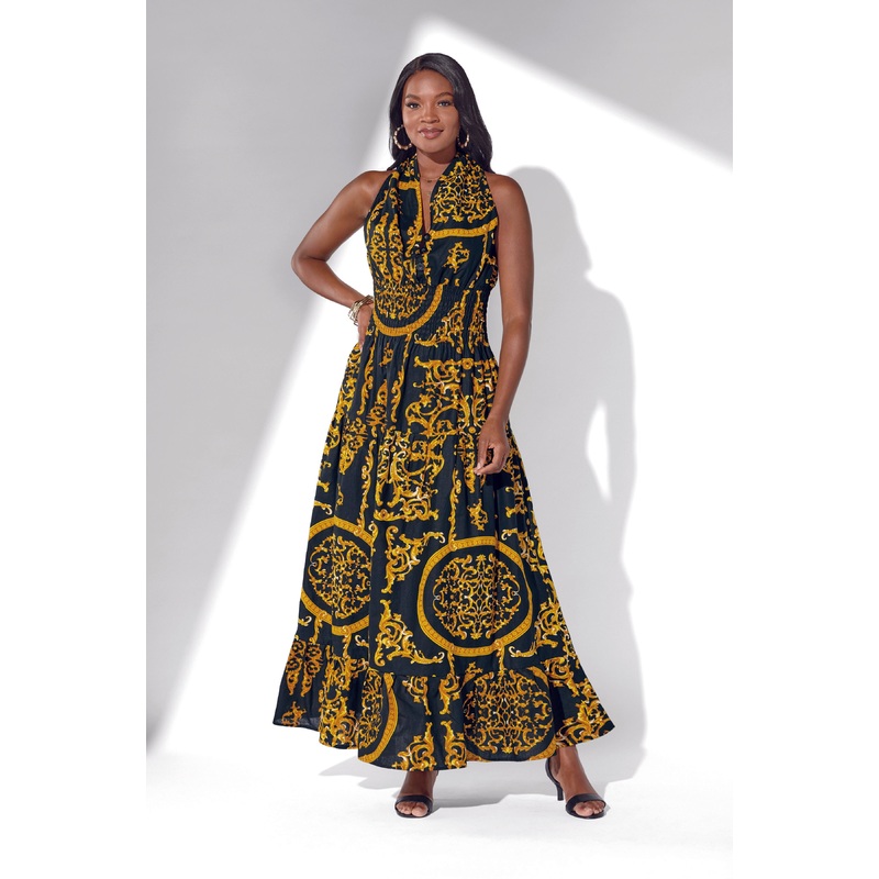 Rich in Print Halter Maxi Dress & Headband by Studio EY BLACK/GOLD OS