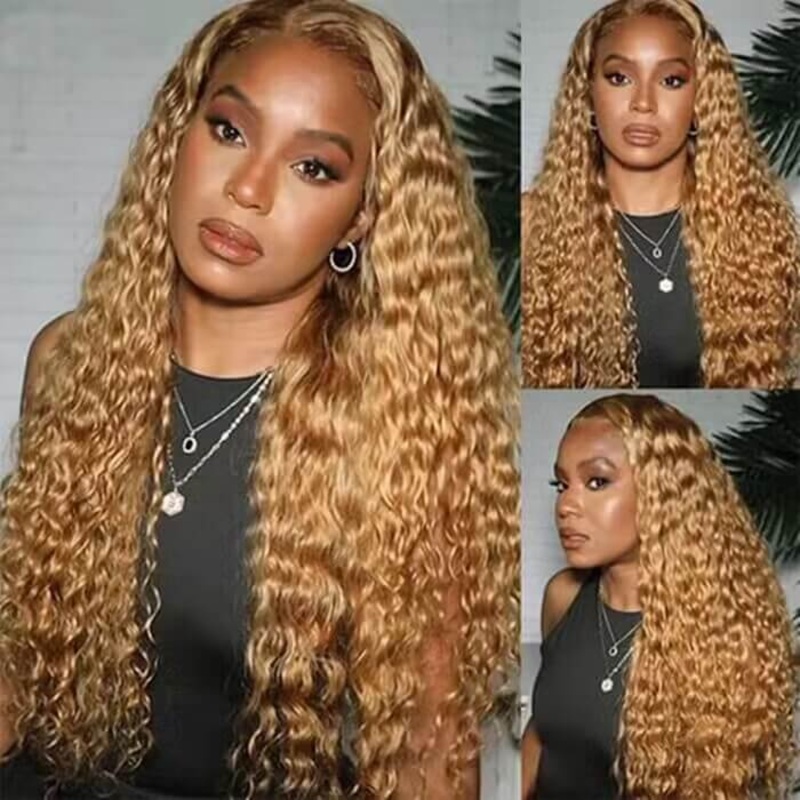 #27 Honey Blonde Deep Wave HD Lace Front Human Hair Wig with Pre Plucked 12 4×4 Lace Glueless 150%