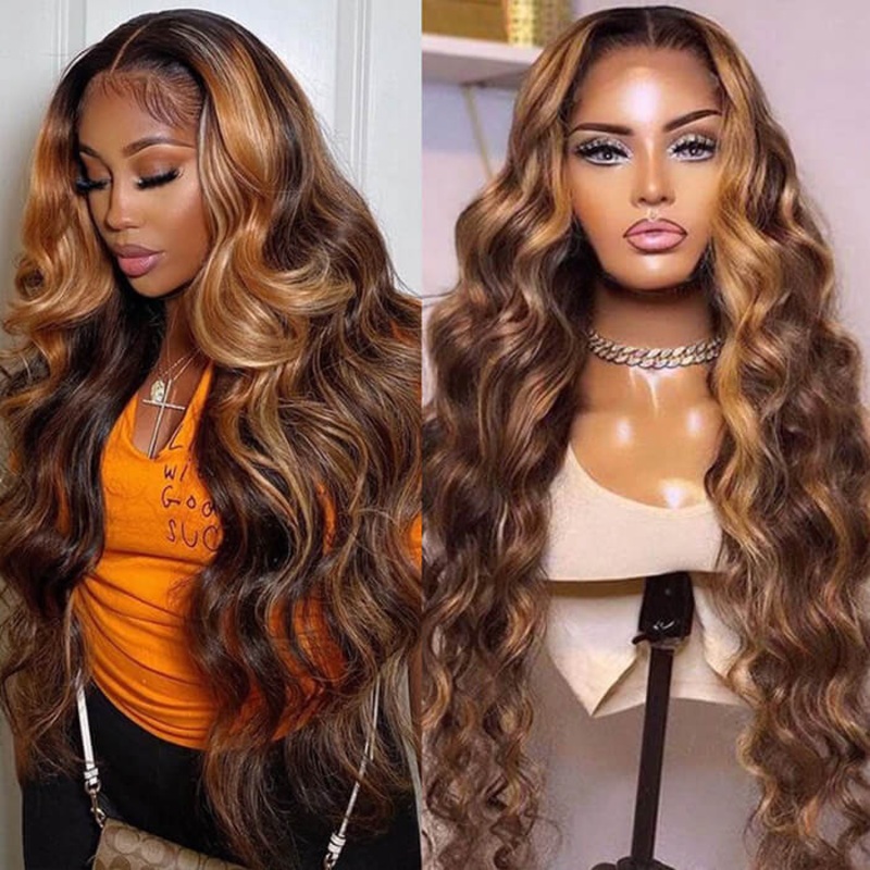 4/27 Honey Blonde Highlight Body Wave HD Lace Front Human Hair Wigs Free Part 12 Pre Cut 5×5 Lace 180%