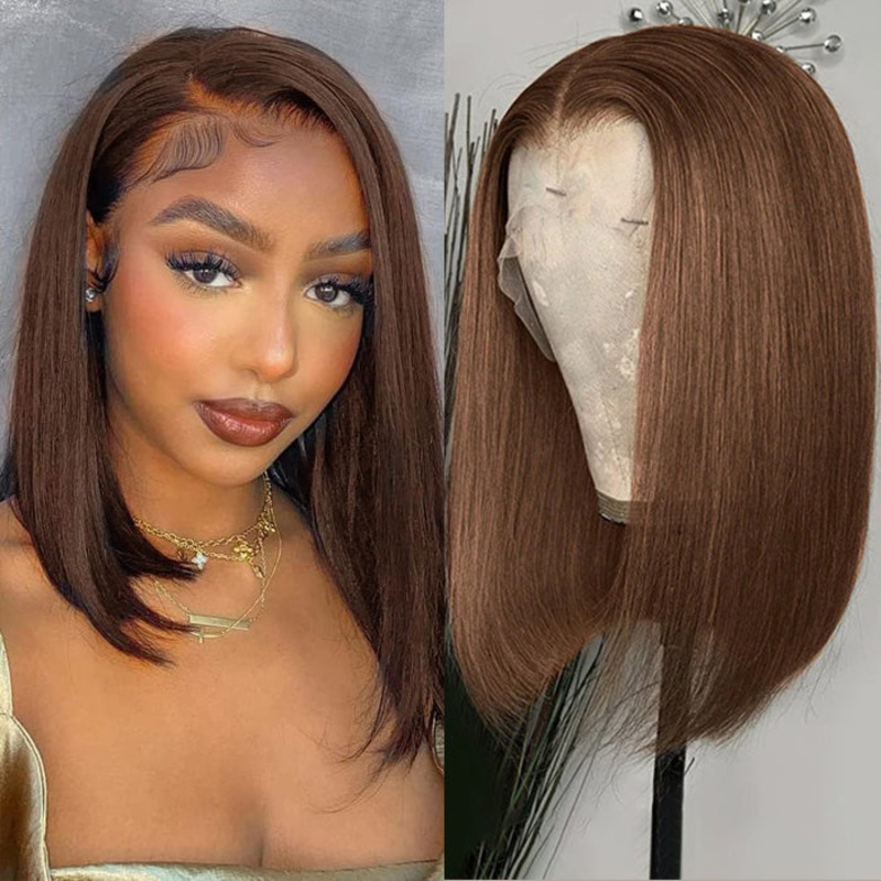 #4 Chocolate Brown Short Straight Bob 13×4/13×6 Lace Front Human Hair Wig 10 13×4 HD Lace Straight/220%