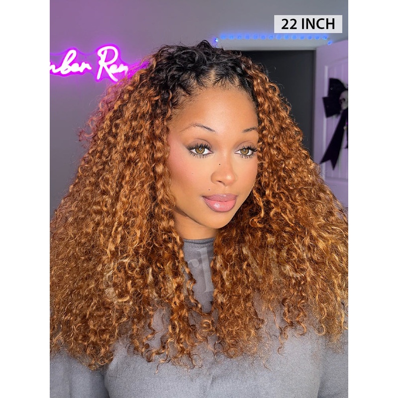 CurlyMe 3 IN 1 Blonde Water Wave Half Wig with Black Roots-Glueless & Beginner Friendly 18