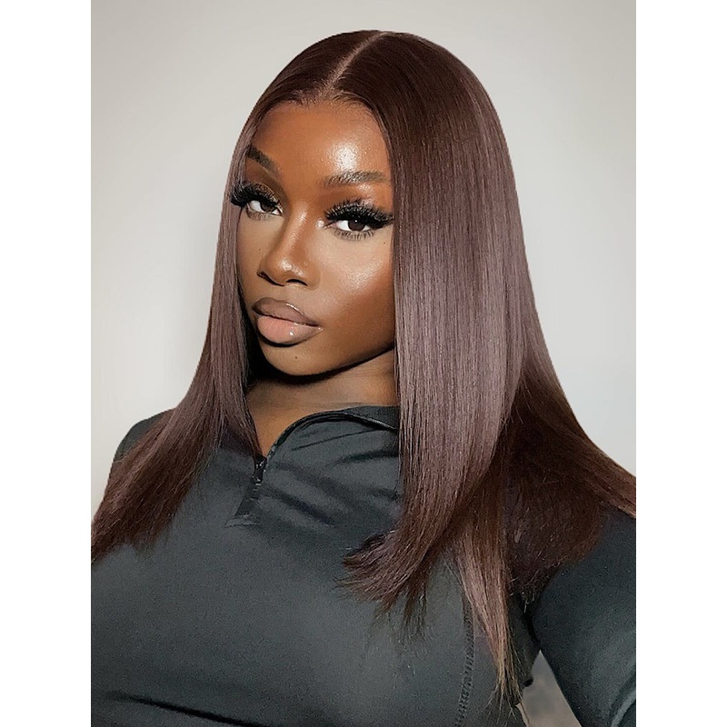 CurlyMe Layered Cut Mocha Mousse Straight Hair 7×5 Pre-Cut Swiss Lace Wear Go Glueless Wigs 180% 16(bob)