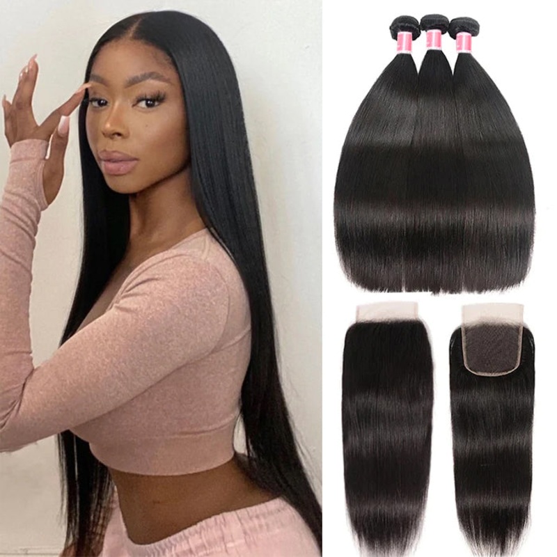 Malaysian Straight Hair 3 Bundles with 4*4 Closure Soft Unprocessed Virgin Human Hair 12 12 12+10 Free Part