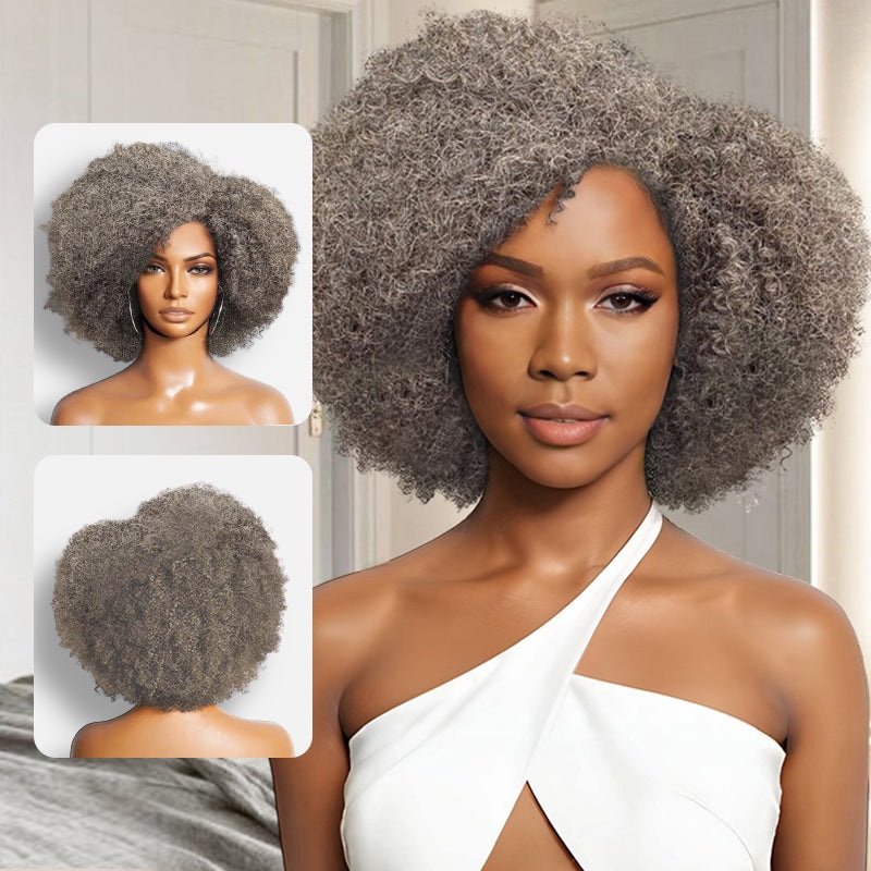 QVR Salt and Pepper Side Part Afro Curl Bouncy Human Hair Machine Made Glueless Wig Salt and Pepper