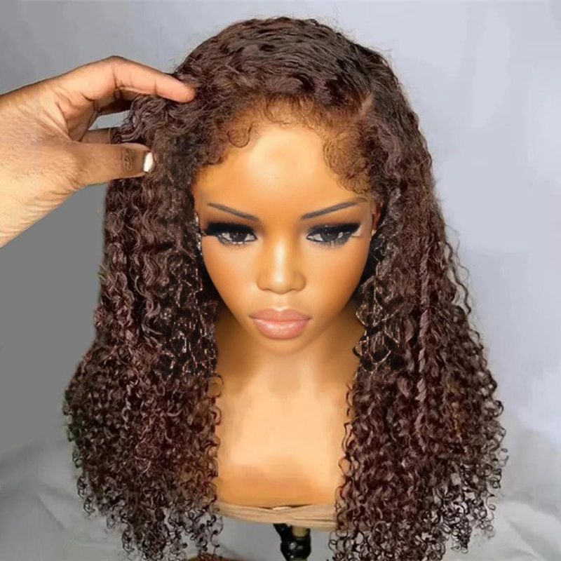 220% Density 4C Curly Edges Colored Wig 13×6 Full Lace Human Hair Glueless Wig with Curly Baby Hair 12 Pre Cut 8×5 Lace #4 Brown