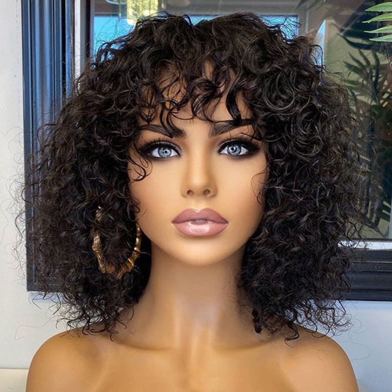 Beginner Friendly Water Wave Minimalist Lace Glueless Short Curly Wig with Bangs Natural Black 10